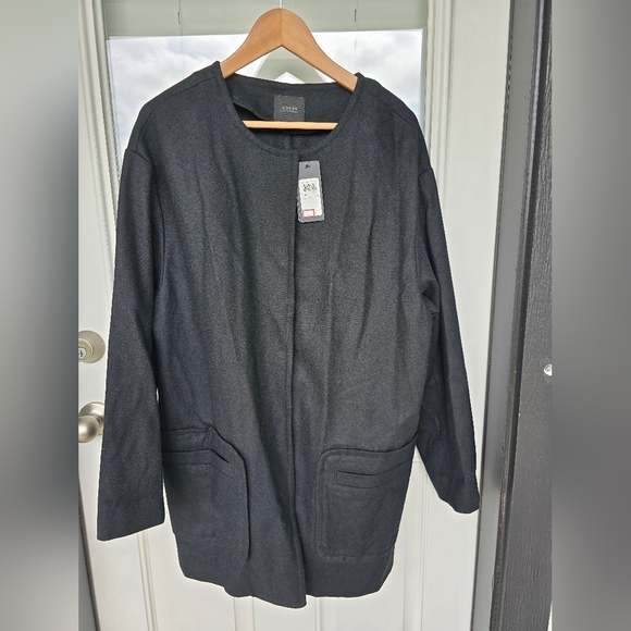 $157 Guess Wool Blend Long Jacket Women Medium Snap Buttons Black Pocket New - Picture 2 of 14